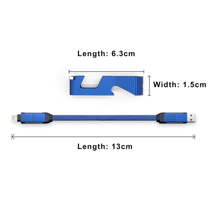 A blue charging cable with an integrated opener and phone stand, featuring dimensions displayed beside it.