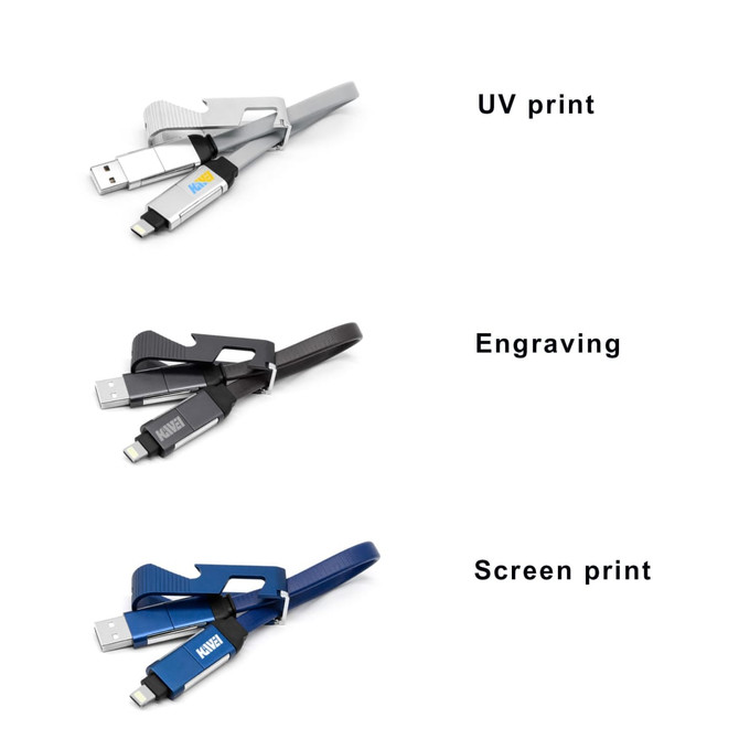A charging cable in multiple colours with a built-in phone stand and opener, featuring various printing options and a logo.