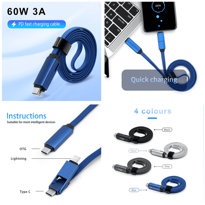 A blue 60W long 3-in-1 charging cable with USB-C, Lightning, and micro USB connectors, featuring a logo.