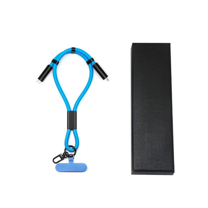 A blue 60W charging phone strap with dual connectors and a keychain attachment, alongside a black box.