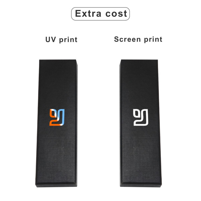 A black box featuring a logo design, with options for UV print and screen print displayed.
