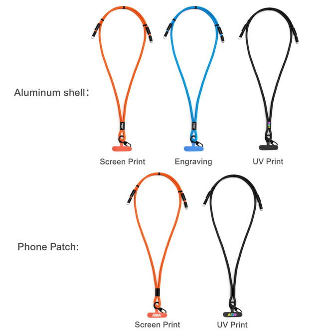 A charging phone lanyard in orange, blue, and black, featuring an aluminium shell and various printing options.
