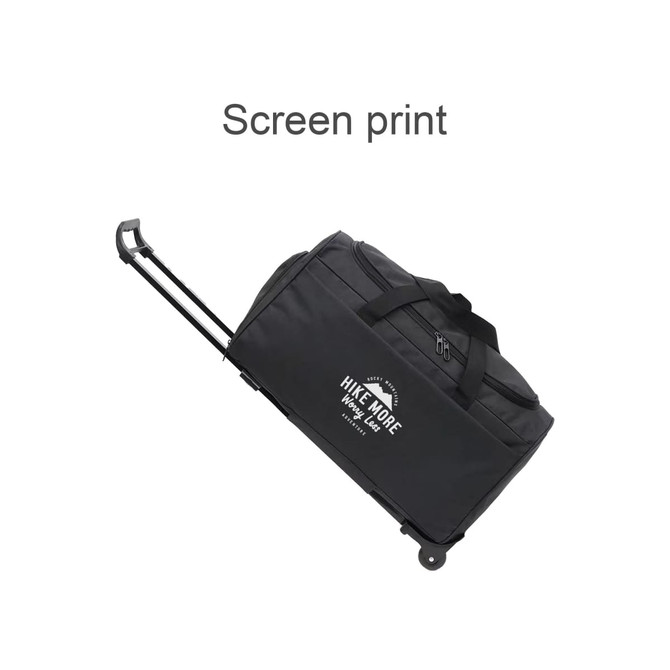 A black wheeled duffel bag with a retractable handle and a logo. Ideal for travel and outdoor activities.