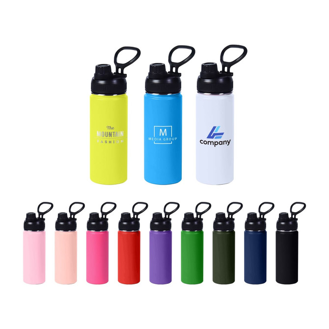 A drink bottle collection featuring various colours including yellow, blue, white, pink, purple, and green, with carry handles.
