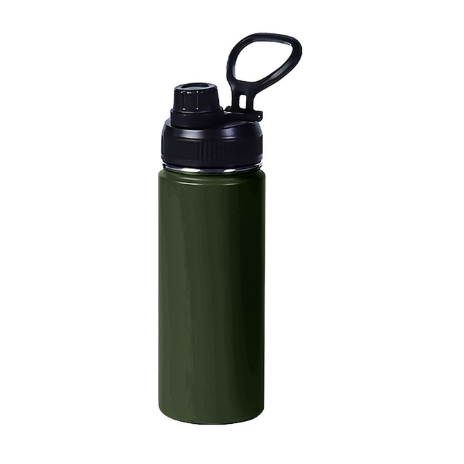 A drink bottle in dark green stainless steel with a black lid and carry handle, featuring a branded logo.