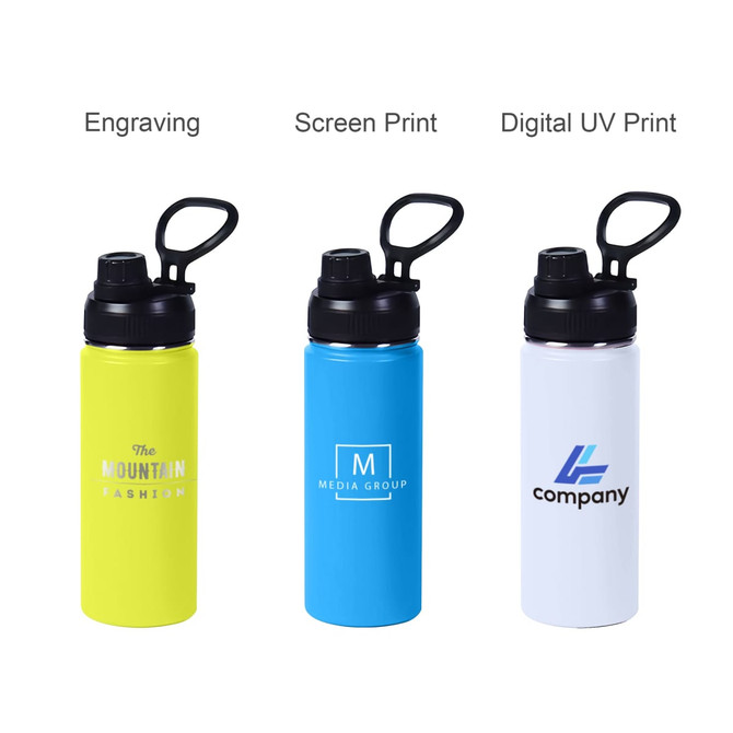A drink bottle in vibrant yellow, blue, and white, featuring carry handles and a logo on each bottle.