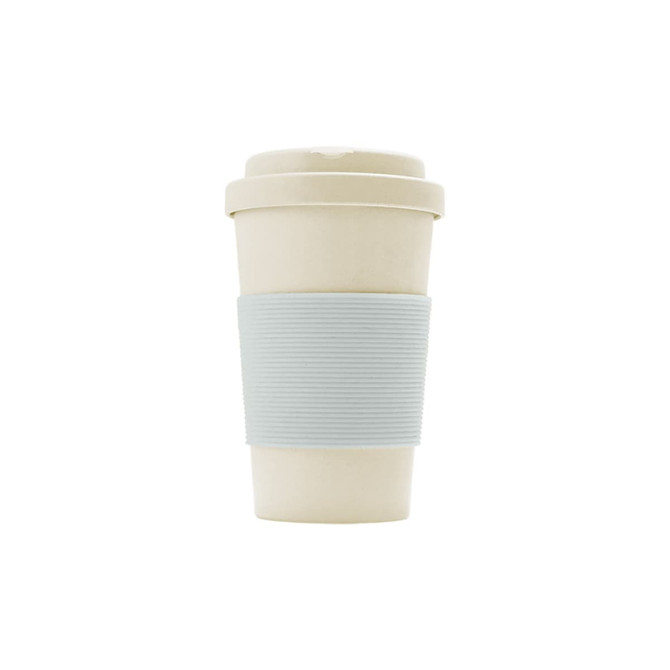 A drink bottle made of eco bamboo fibre, featuring a light grey silicone grip and a beige body. It has a logo.