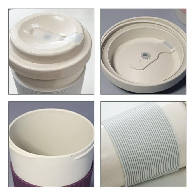 A coffee cup featuring a light beige body with a grey ribbed sleeve and a white lid, showcasing various angles and details.