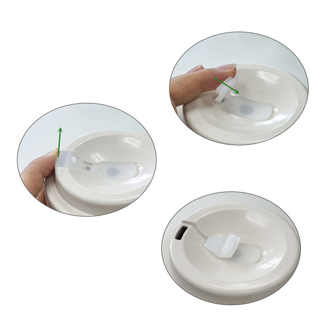A coffee cup lid with a sliding opening mechanism in a light beige colour, featuring a hand demonstrating its use.