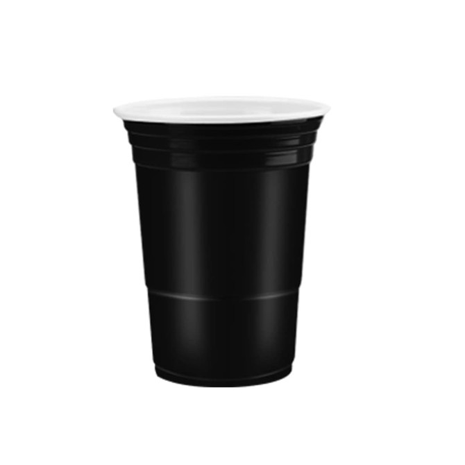 A black plastic cup with a white rim, designed for party games like beer pong. Features a logo.
