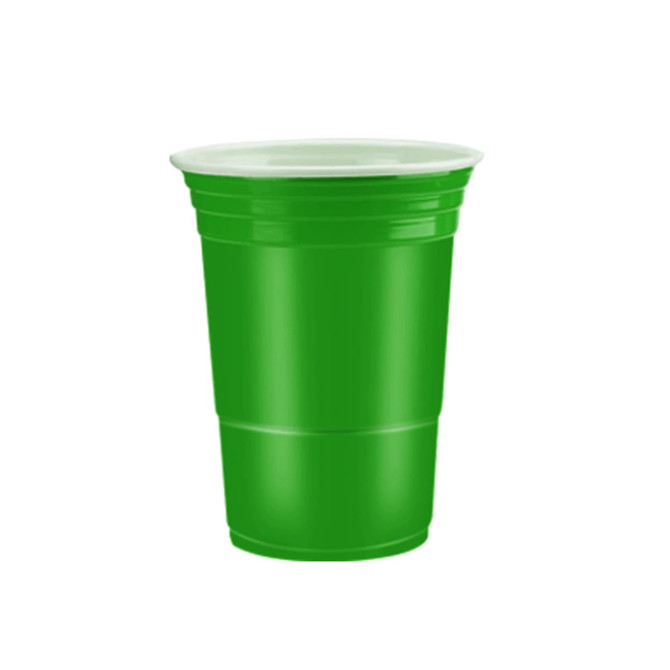 A green plastic cup, featuring a classic design, with a white rim. It has a logo on its surface.