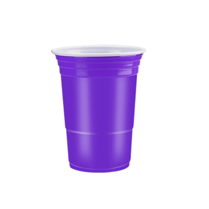 A purple beer pong party cup with a white rim and multiple stacked sections. It features a logo on the side.
