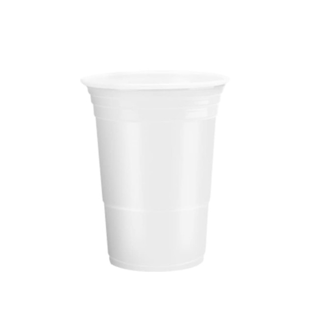 A white plastic cup with a classic design, suitable for party games and beverages. Features a branding logo.