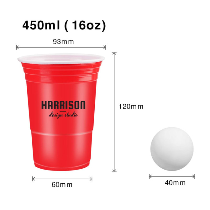 A red plastic cup with a logo, accompanied by a white ping pong ball, featuring dimensions provided.