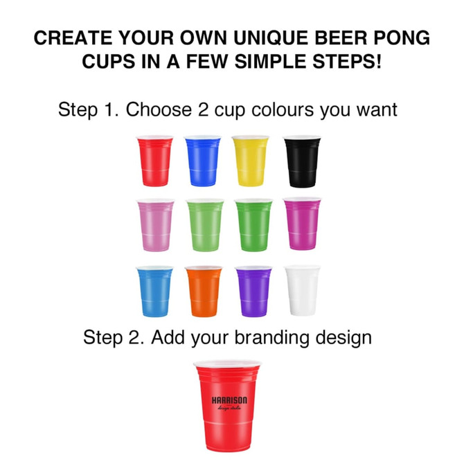 A set of colourful beer pong cups in red, blue, yellow, green, purple, black, and white, featuring a logo.