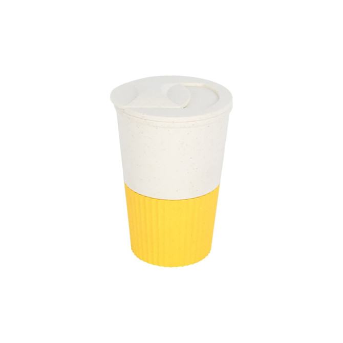 A drink bottle featuring a white and yellow design, made from wheat straw with a lid and ribbed texture.