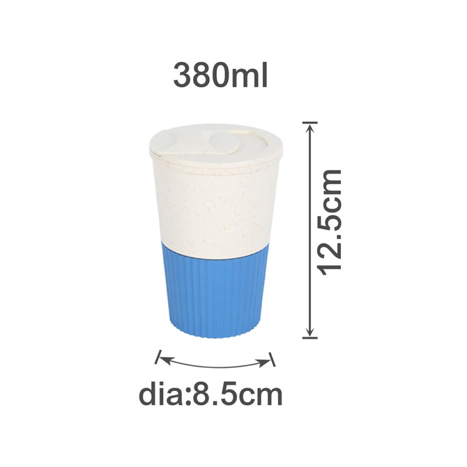 A drink bottle featuring a cream top and blue textured bottom, with a lid and measurement details.