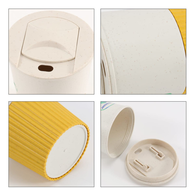 A drink bottle in beige and yellow with a ribbed design and a lid. Features a logo on the body.