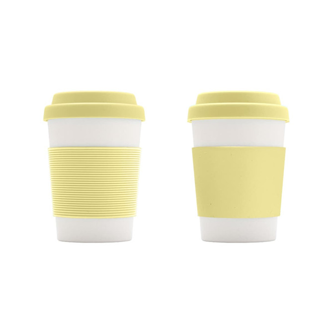 A bamboo fibre coffee cup featuring a white body and a yellow silicone lid, with two different silicone sleeve designs.