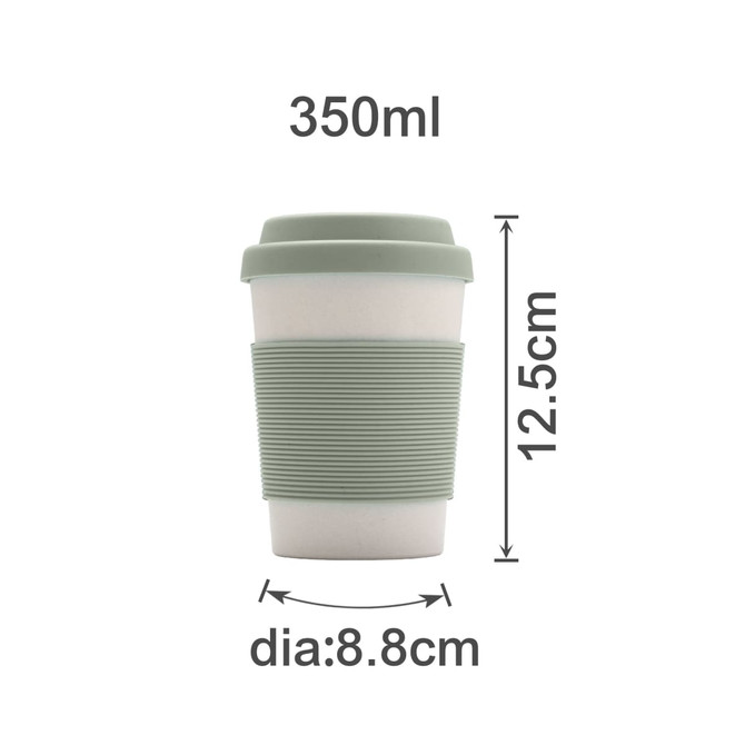 A bamboo fibre coffee cup in cream with a light green silicone lid and grip, measuring 350ml.
