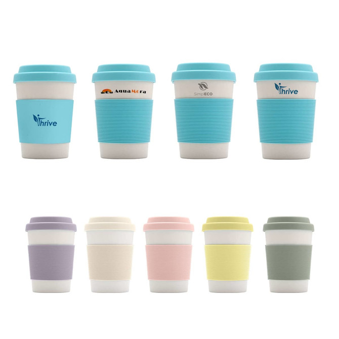 A drink cup set featuring various coloured bamboo fibre coffee cups with silicone lids and branding elements.