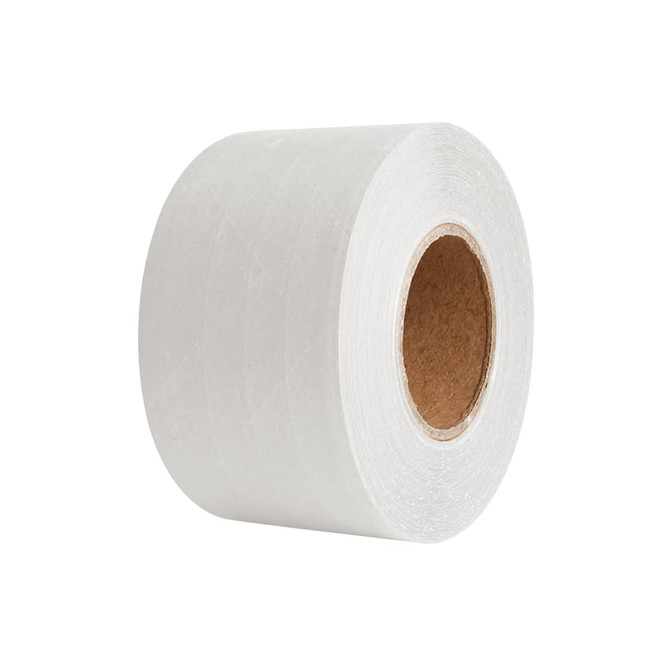 A roll of water-activated reinforced kraft paper tape, featuring a white finish and a cardboard core.