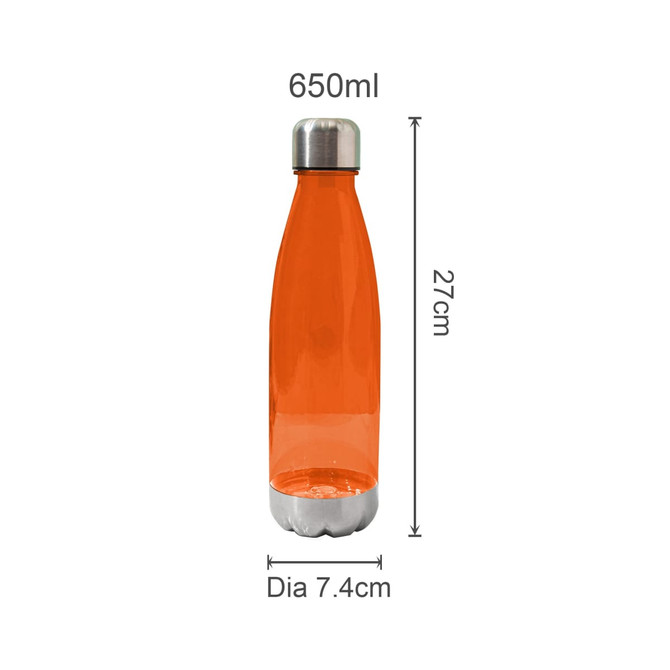 A drink bottle in translucent orange with a stainless steel base, featuring a logo. Measures 27cm in height.
