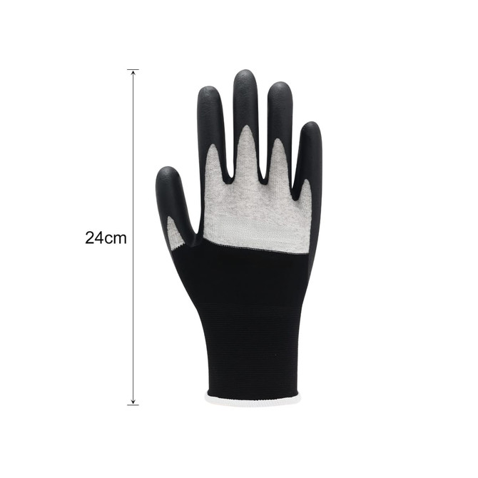 A pair of black touchscreen insulating gloves with a grey palm, measuring 24cm in length.