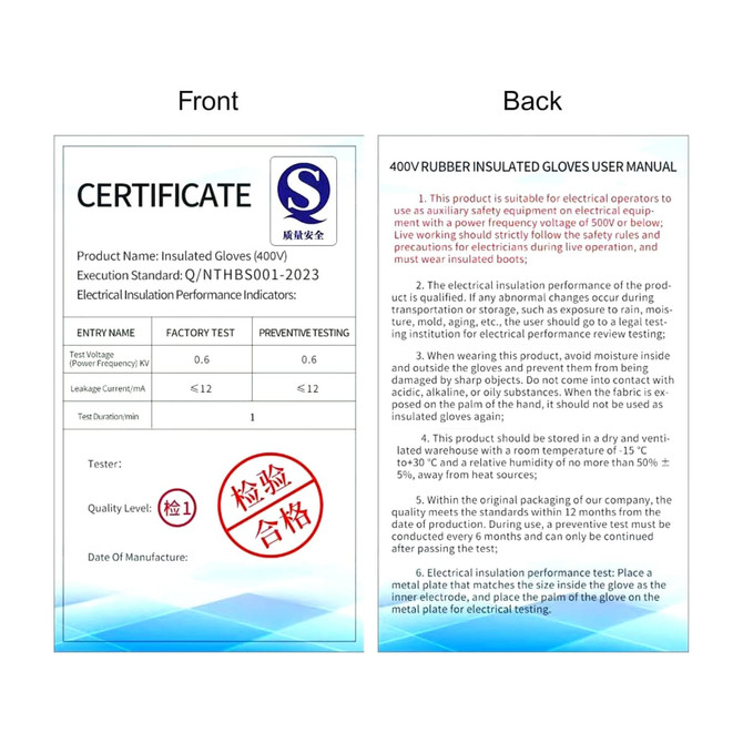 A certificate detailing the specifications of 400V Insulated Gloves, featuring text and a logo.