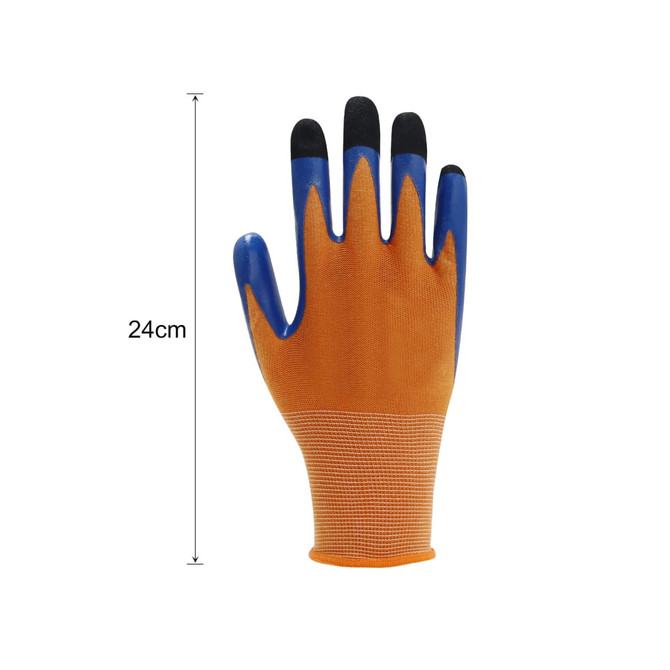 An orange insulating glove with blue fingertips, featuring a textured palm and a measurement of 24cm in length.