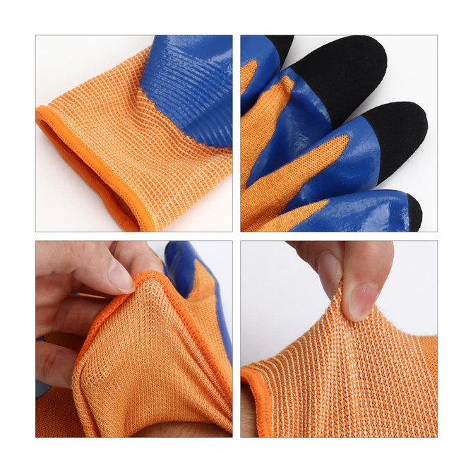 A pair of orange and blue insulating gloves with a textured surface and stretchy fabric. The gloves have a logo on them.