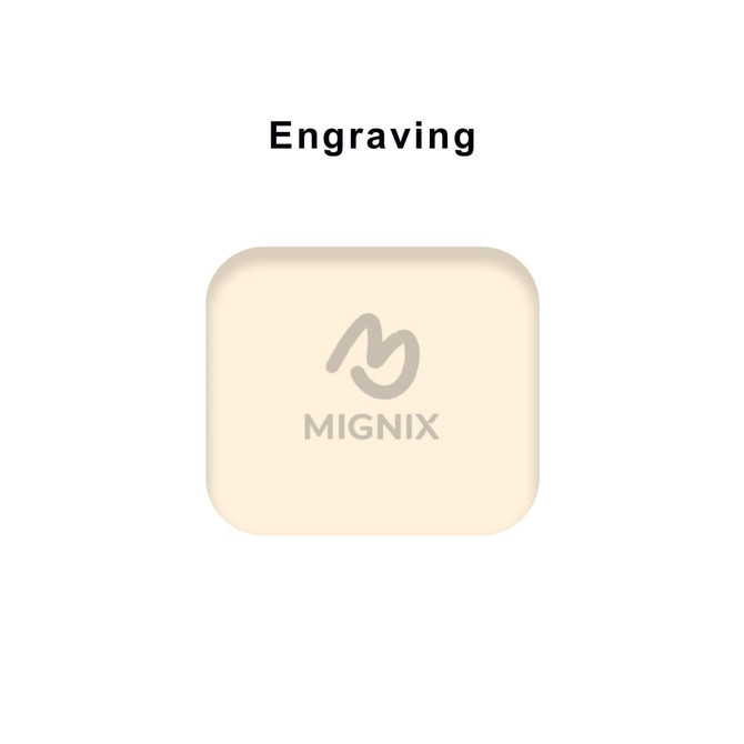 A cream-coloured product with a rounded shape features a logo and an engraving area on its surface.