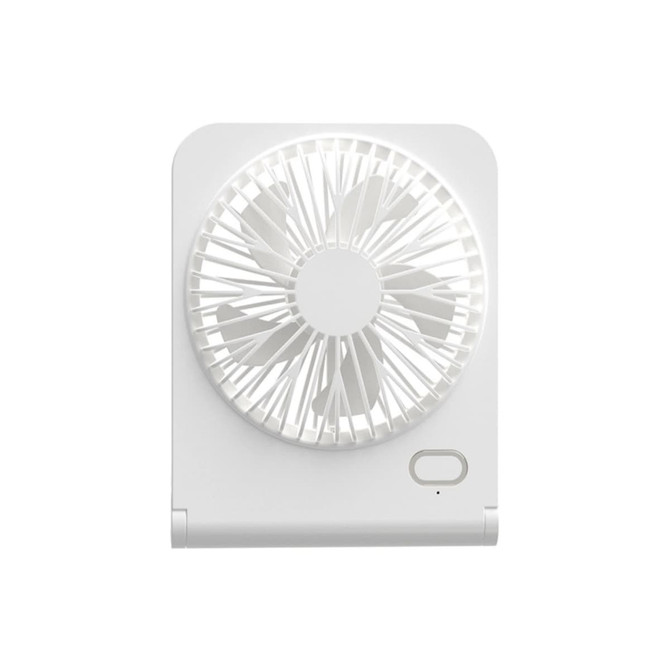 A white mini desk fan featuring a circular grille design and a small power button.