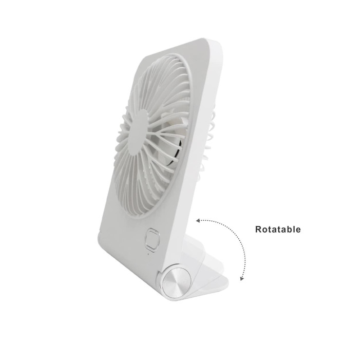 A white mini desk fan with a rotatable design, featuring a circular grill for airflow and a sturdy stand.