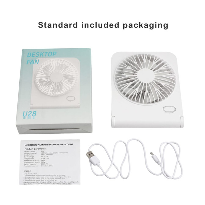 A mini desk fan in white, with accompanying packaging and USB cable, displayed with operation instructions.