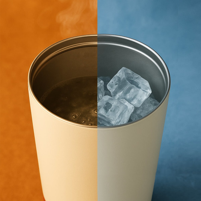 A drink bottle featuring a double wall design in cream, with hot coffee on one side and ice cubes on the other.