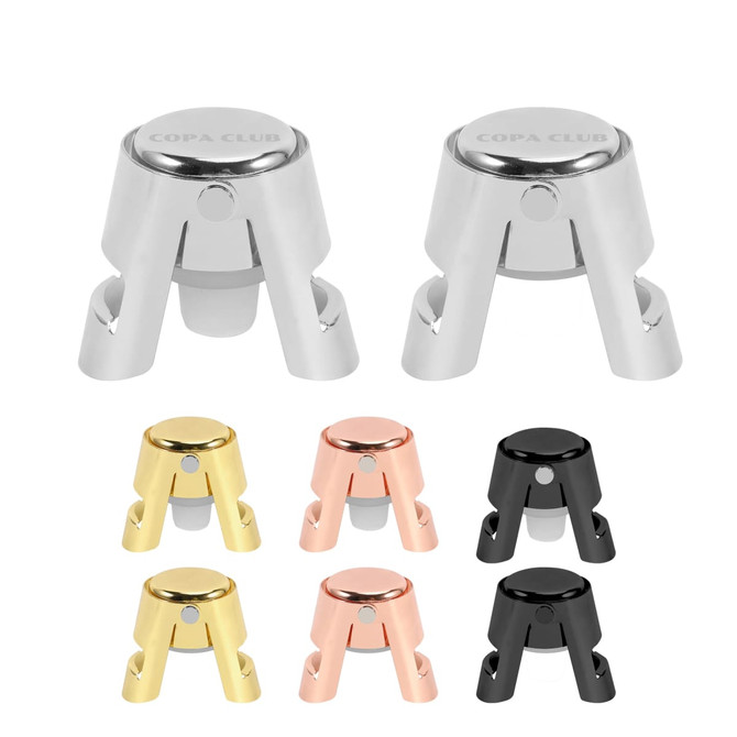 A set of stainless steel champagne stoppers in silver, gold, rose gold, and black, with a logo on some.