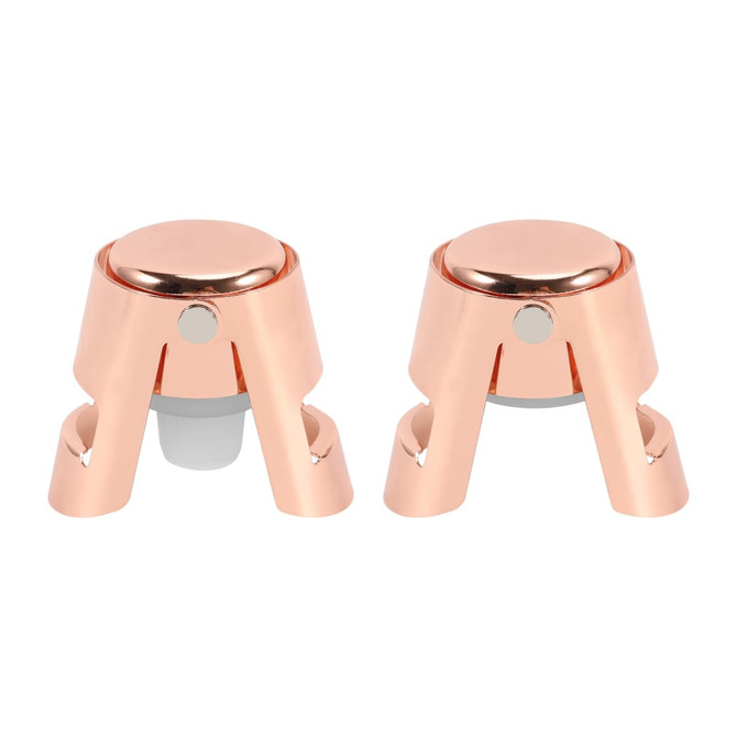 A stainless steel champagne stopper in rose gold, featuring a sleek design with a circular top and a silicone seal.