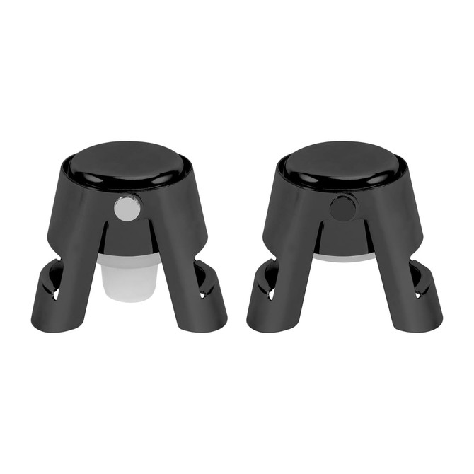 A stainless steel champagne stopper in black, featuring a simple design and a logo.
