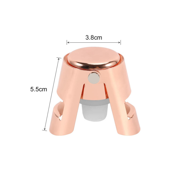 A stainless steel champagne stopper in a rose gold finish, featuring a sleek design with a white rubber seal.
