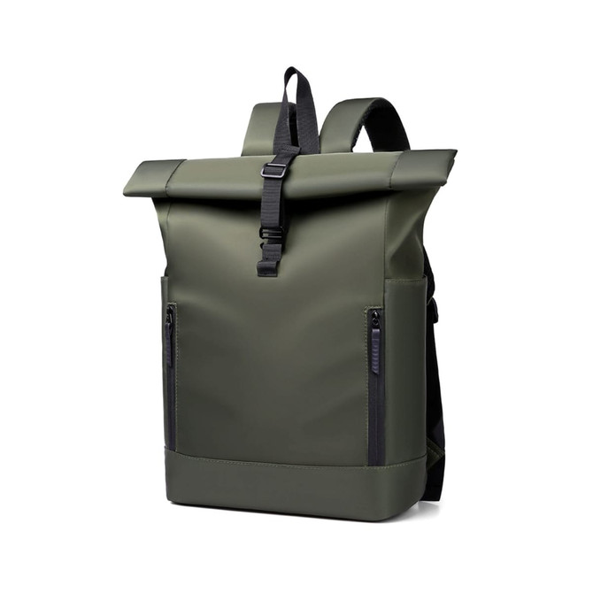 A roll top laptop backpack in dark green with adjustable straps and zippered front pockets. It features a logo.