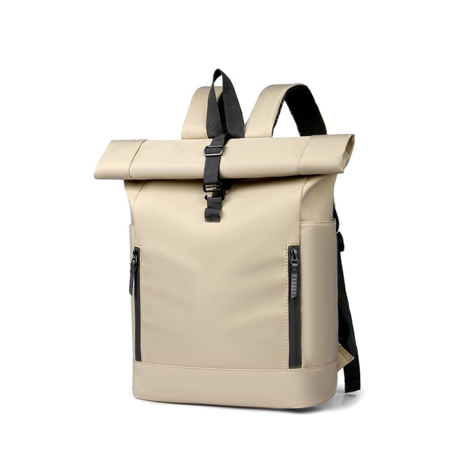 A roll top laptop backpack in beige with black straps and zippers, featuring a sleek, modern design.
