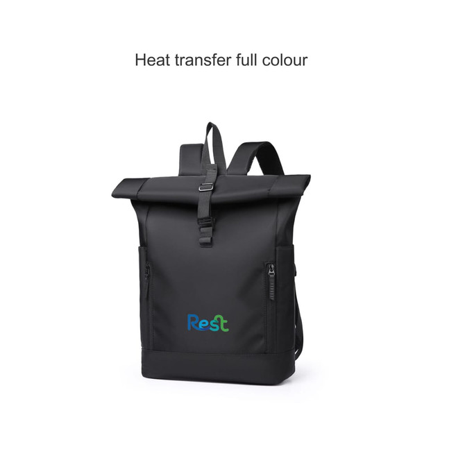 A black roll top laptop backpack with adjustable straps and a front zip pocket featuring a logo.