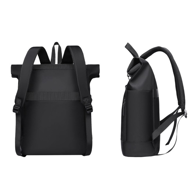 A roll top laptop backpack in black, featuring adjustable straps and a side zipper pocket, with a logo on the surface.
