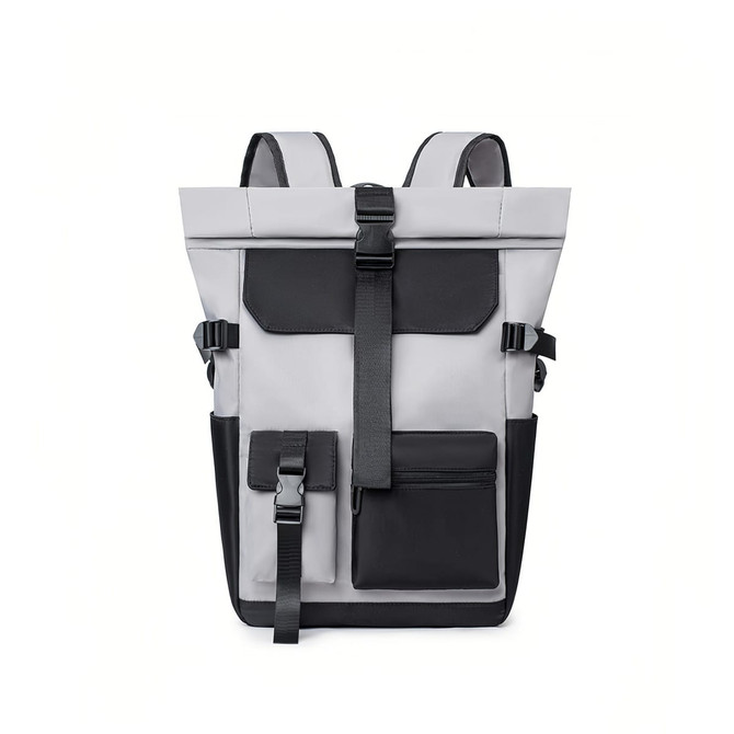 A grey and black multi-pocket roll top backpack with adjustable straps and various zipper compartments.