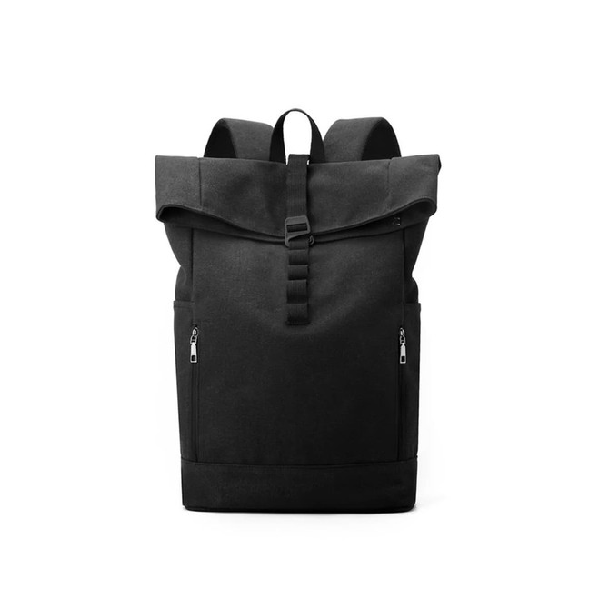 A black canvas roll top vintage backpack with adjustable straps and two side zip pockets. It features a branding logo.