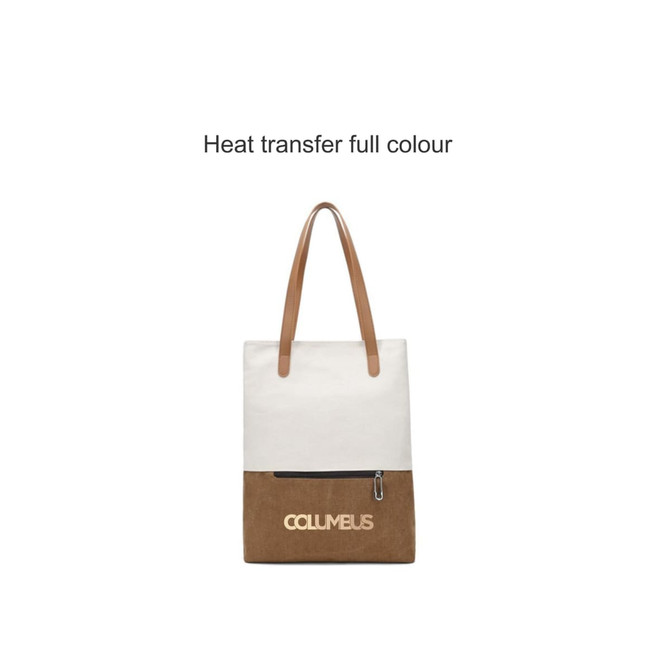 A convertible canvas backpack in white and brown, featuring a logo and leather-like straps. Zippered pocket at the front.