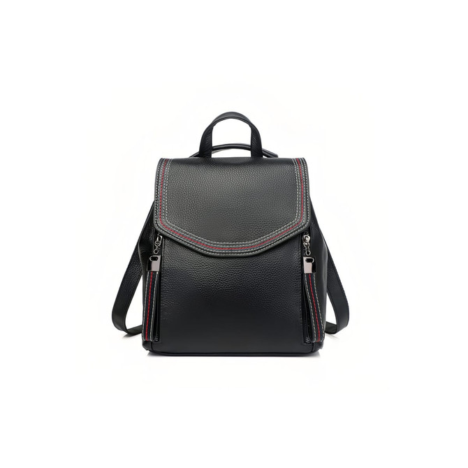 A black convertible leather backpack featuring red and grey stitching, with two zippered front pockets and adjustable straps.