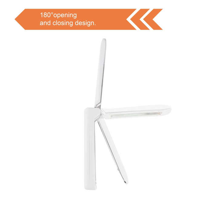 A portable UV steriliser in white with a sleek design and 180° opening and closing feature, featuring a logo.