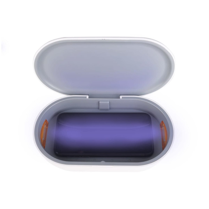 A white UV sterilisation box with orange handles, featuring an interior emitting a purple light. No branding visible.